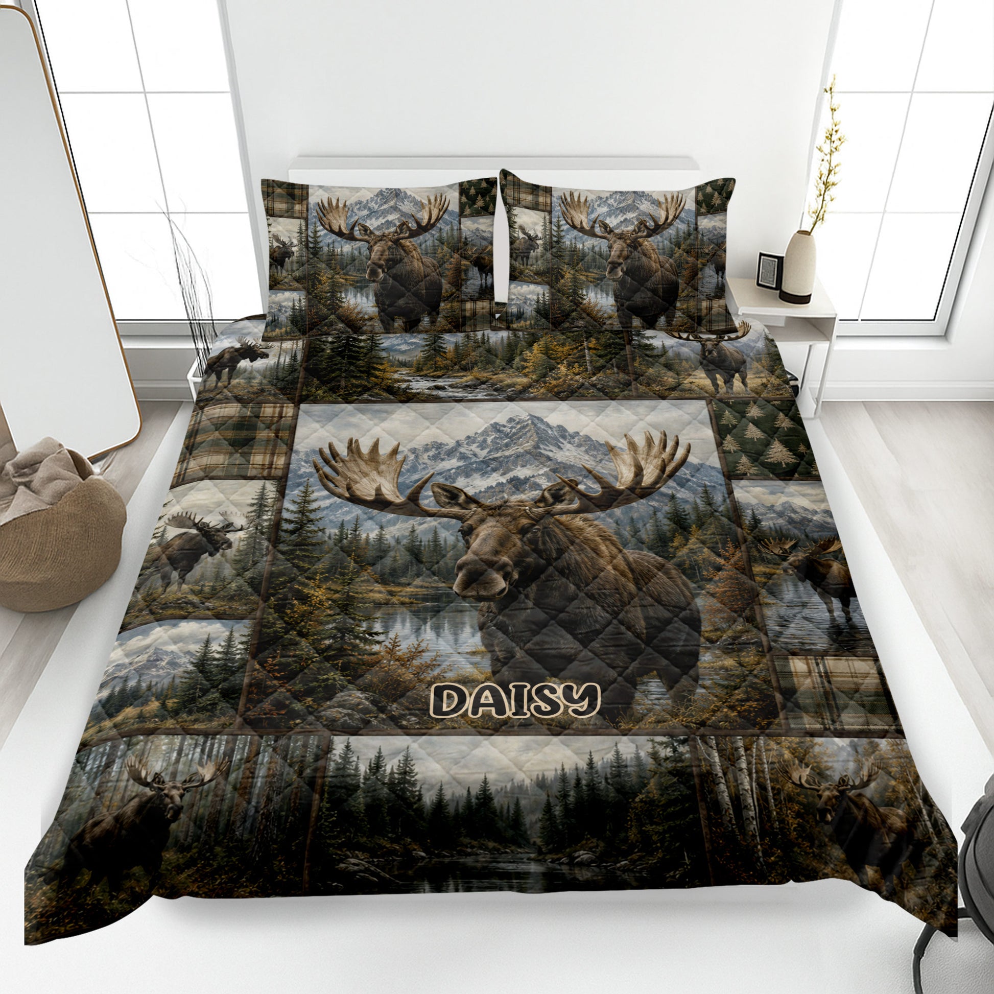 Moose quilt blanket styled on a bed with mountain, forest, lake, plaid, and rustic lodge artwork