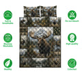 Moose quilt bedding set displayed with forest scenery, mountain artwork, and product feature icons
