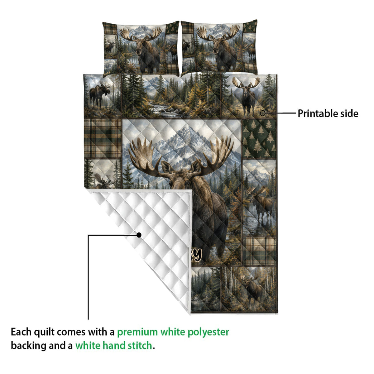 Moose quilt showing the printed forest landscape side and white diamond-quilted backing
