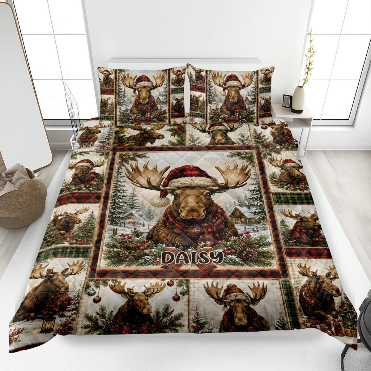 Moose quilt blanket displayed on a bed with Christmas woodland artwork, plaid accents, and pine greenery