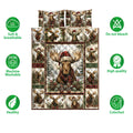 Moose quilt bedding set shown flat with Santa hats, snowy cabins, evergreen branches, and plaid panels
