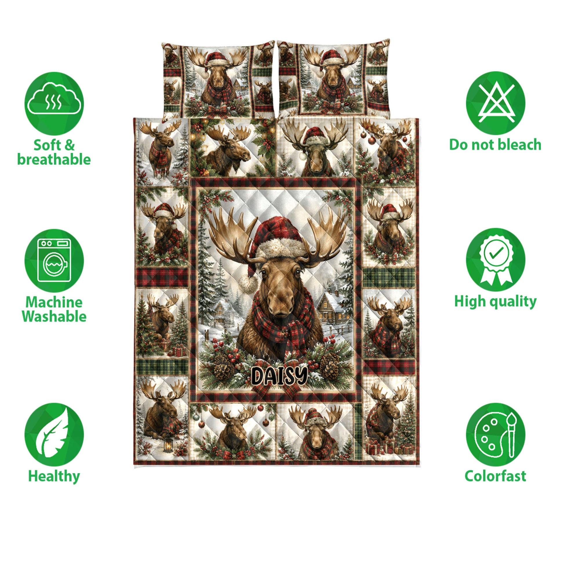 Moose quilt bedding set shown flat with Santa hats, snowy cabins, evergreen branches, and plaid panels