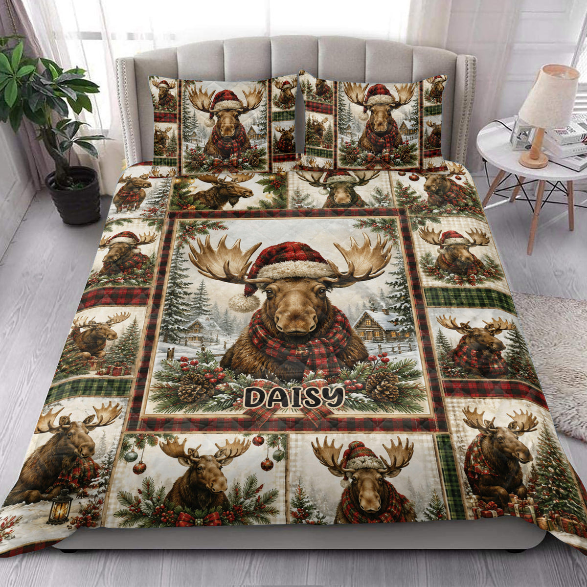 Christmas moose quilt blanket styled on a bedroom bed with festive woodland artwork