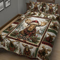 Rustic bedroom featuring a moose quilt blanket with snowy cabin scenes, plaid, and Christmas greenery