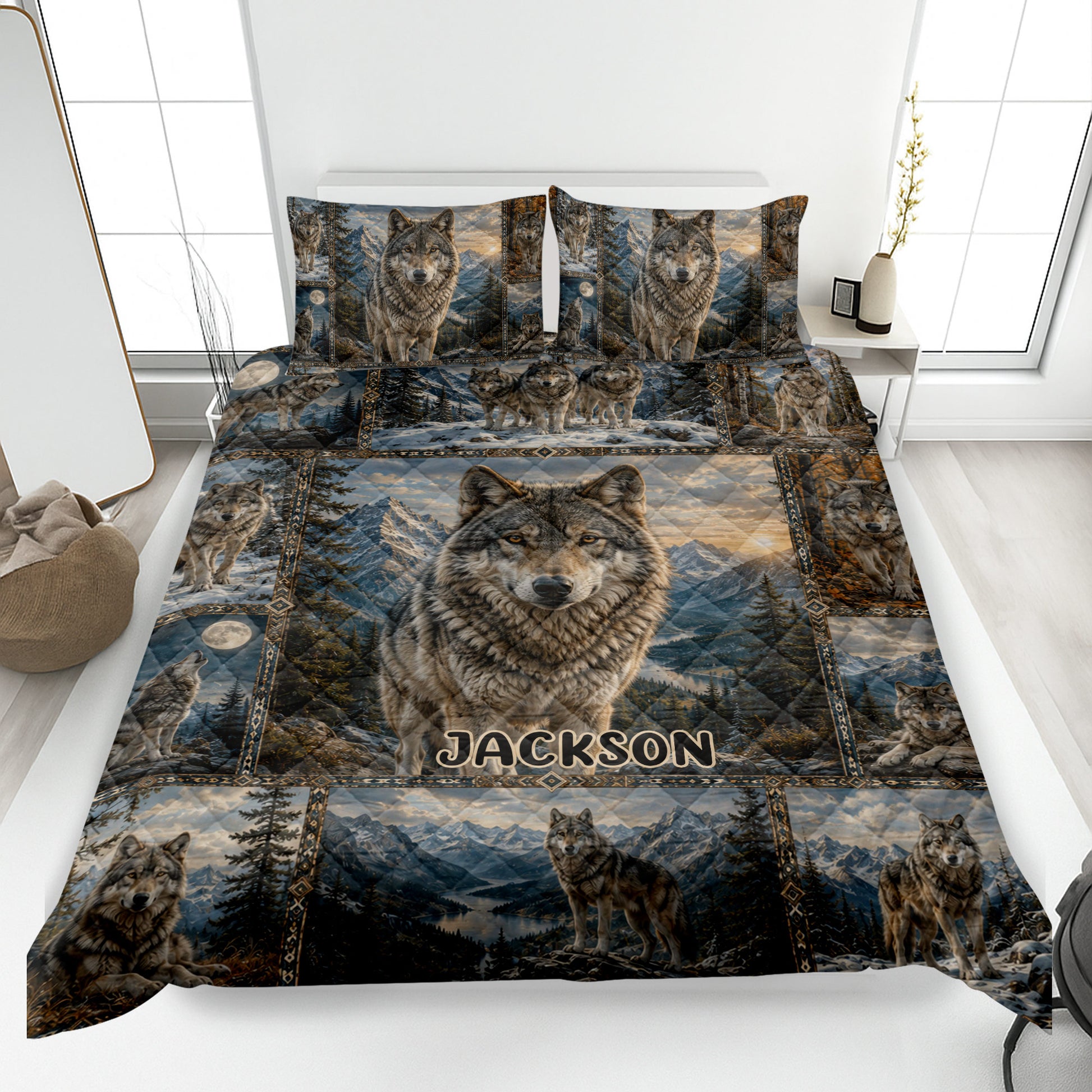 Wolf quilt bedding set displayed on a bed with mountain, forest, moon, and pack artwork