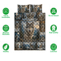 Wolf quilt blanket and pillowcase presentation with mountain scenery and soft breathable feature icons