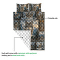 Wolf quilt showing a printed mountain and forest design with a white quilted backing