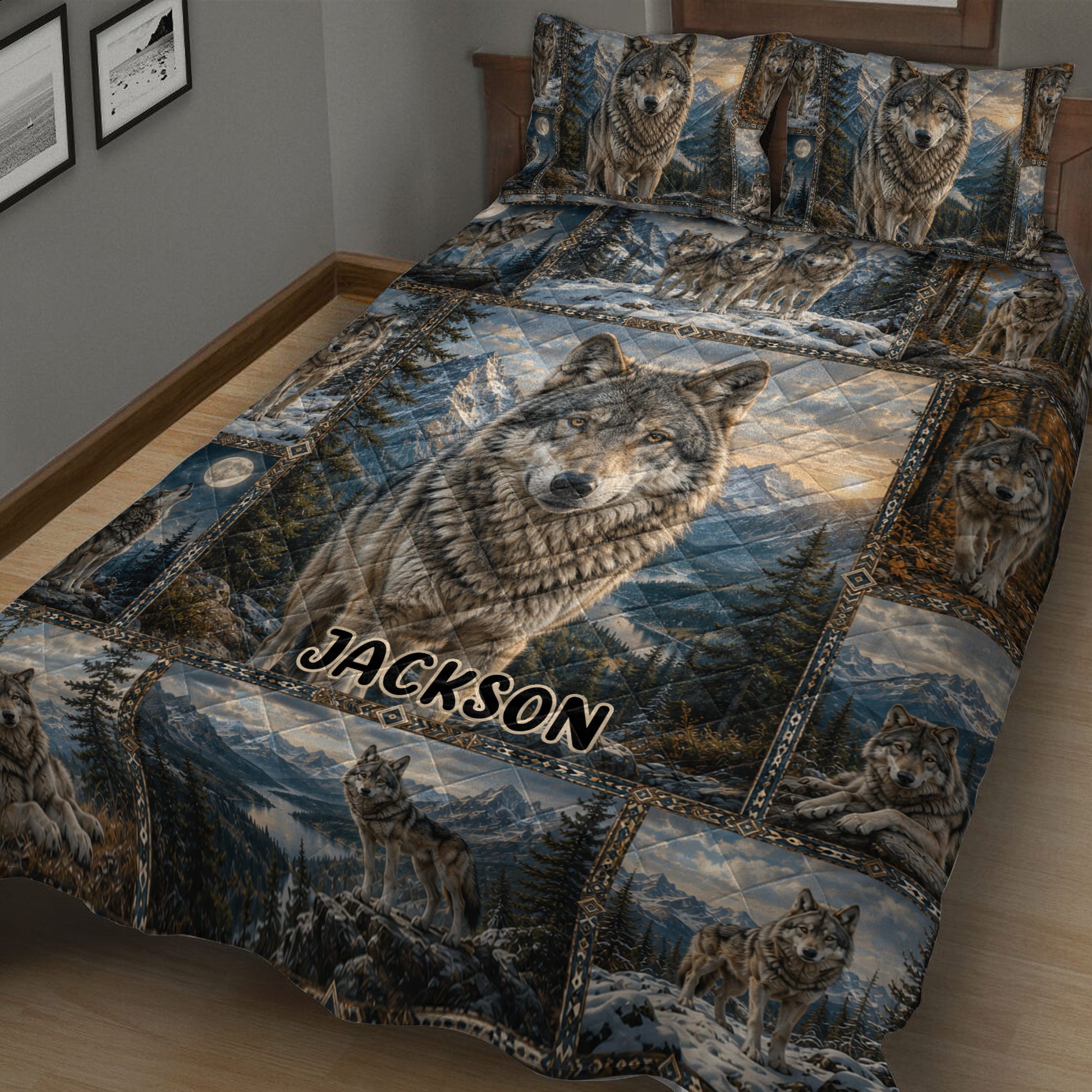 Close bedroom view of a wolf quilt blanket featuring a large wolf and scenic wilderness panels