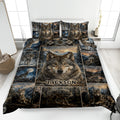 Wolf quilt bedding set displayed on a bed with mountain scenes, moonlit forests, and a large central wolf