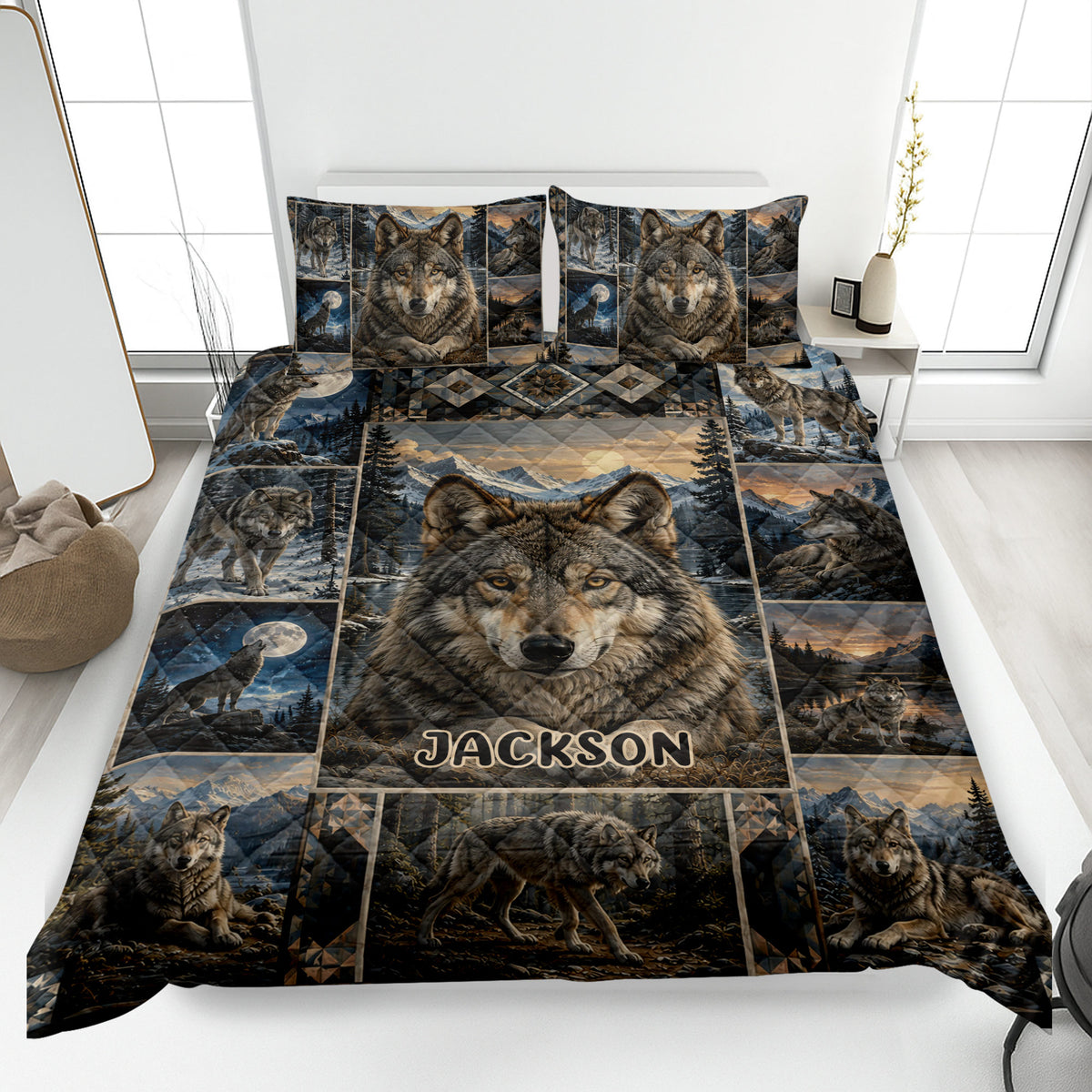 Wolf quilt bedding set displayed on a bed with mountain scenes, moonlit forests, and a large central wolf