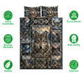 Wolf quilt bedding set shown with soft breathable, washable, colorfast, and quality feature icons