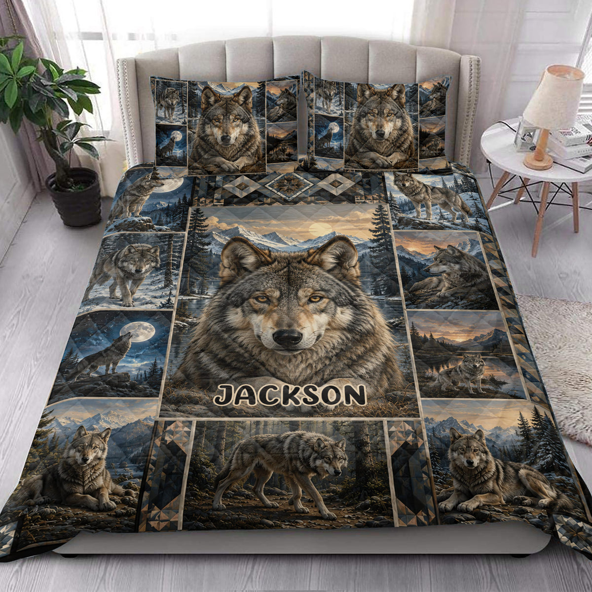 Wolf quilt bedding styled in a bright bedroom with moonlit forest scenes and mountain wolf artwork
