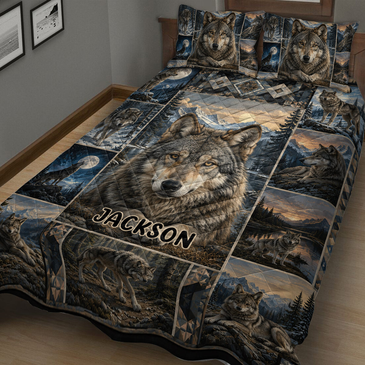 Close view of wolf quilt bedding with multiple wolves, mountain landscapes, forest scenes, and a central wolf portrait