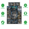 Wolf quilt blanket and pillowcase options shown with soft breathable, washable, and colorfast feature icons