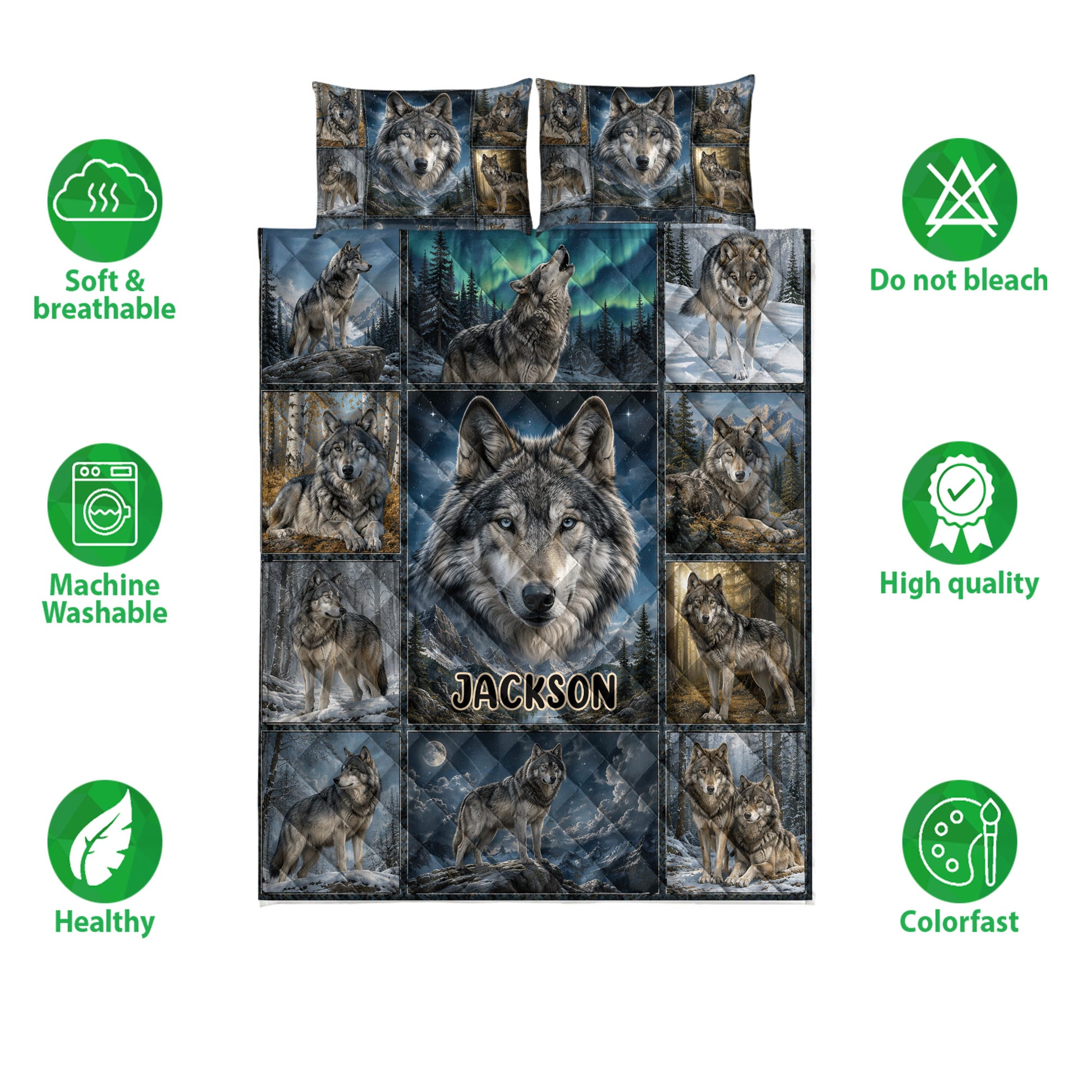 Wolf quilt blanket and pillowcase options shown with soft breathable, washable, and colorfast feature icons