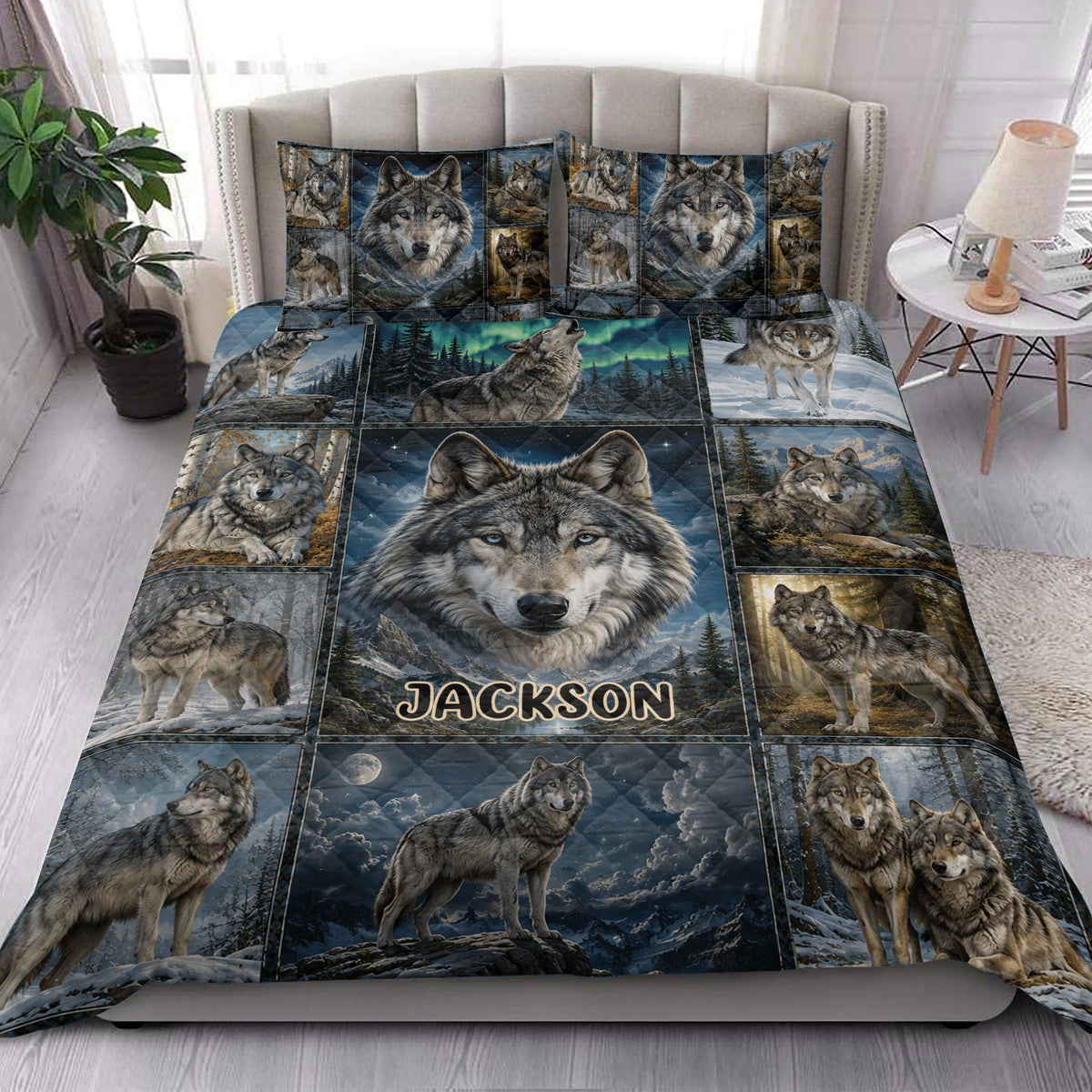 Wolf quilt bedding set styled in a bright bedroom with mountain, forest, and moonlit wolf artwork