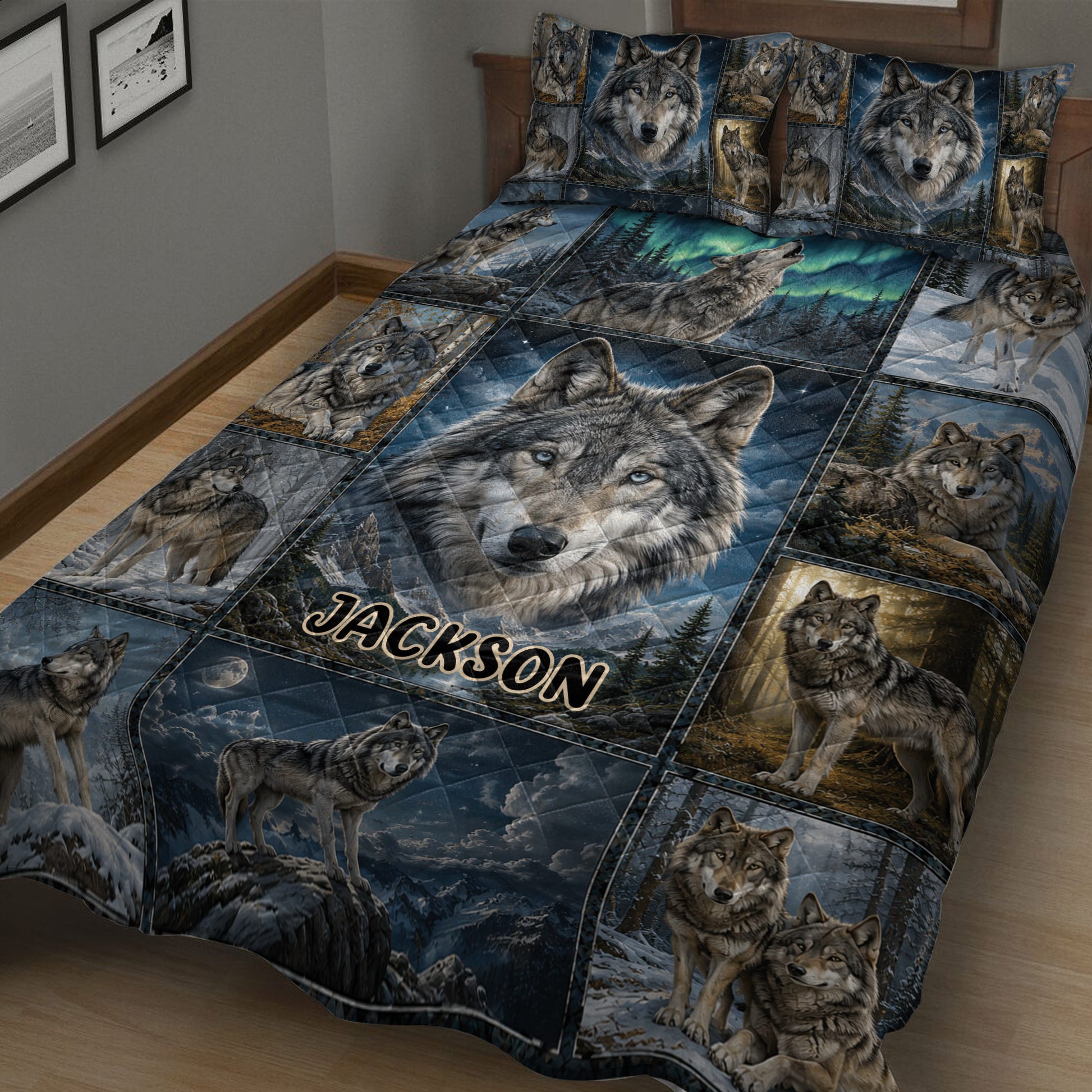 Close view of a wolf quilt blanket featuring multiple wolves, snowy mountains, forest scenes, and northern lights