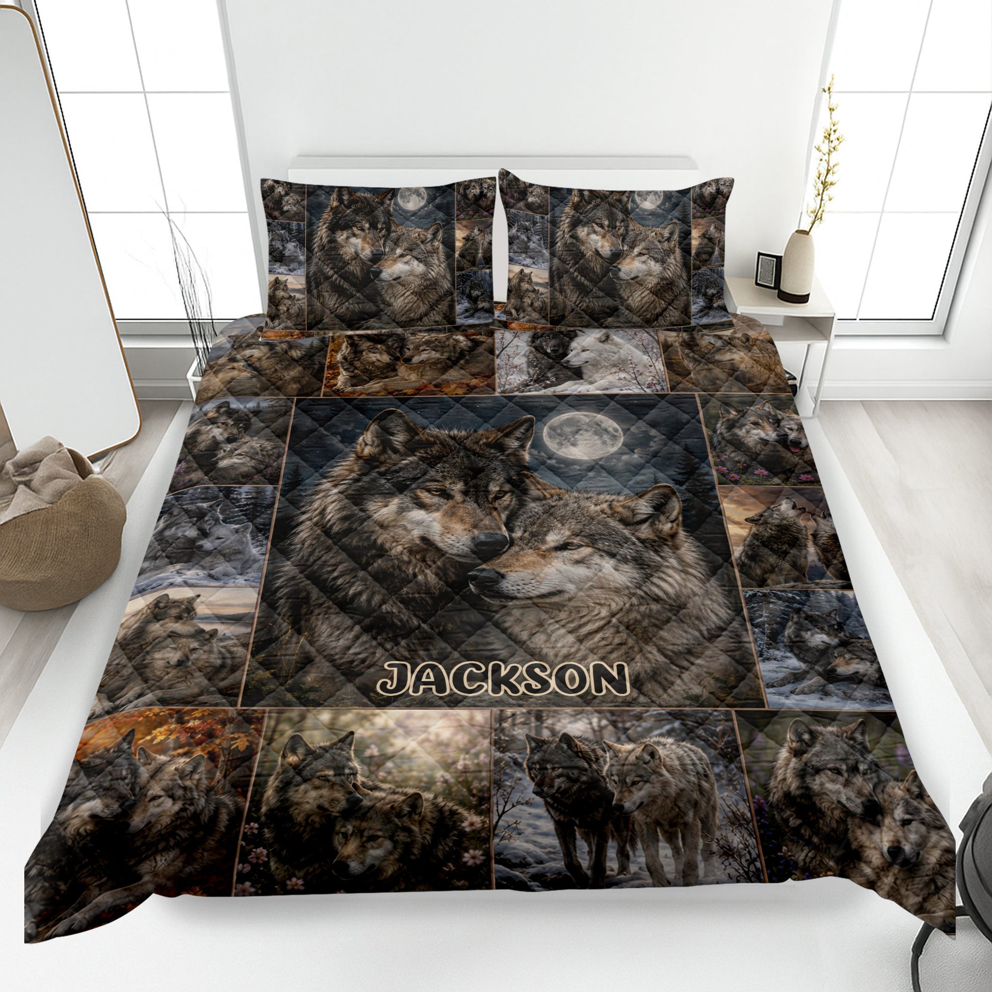 Wolf quilt bedding set displayed on a bed with moonlit wolf artwork and a rustic wildlife collage