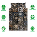 Wolf quilt and pillowcase options shown with soft breathable, washable, colorfast, and quality feature icons
