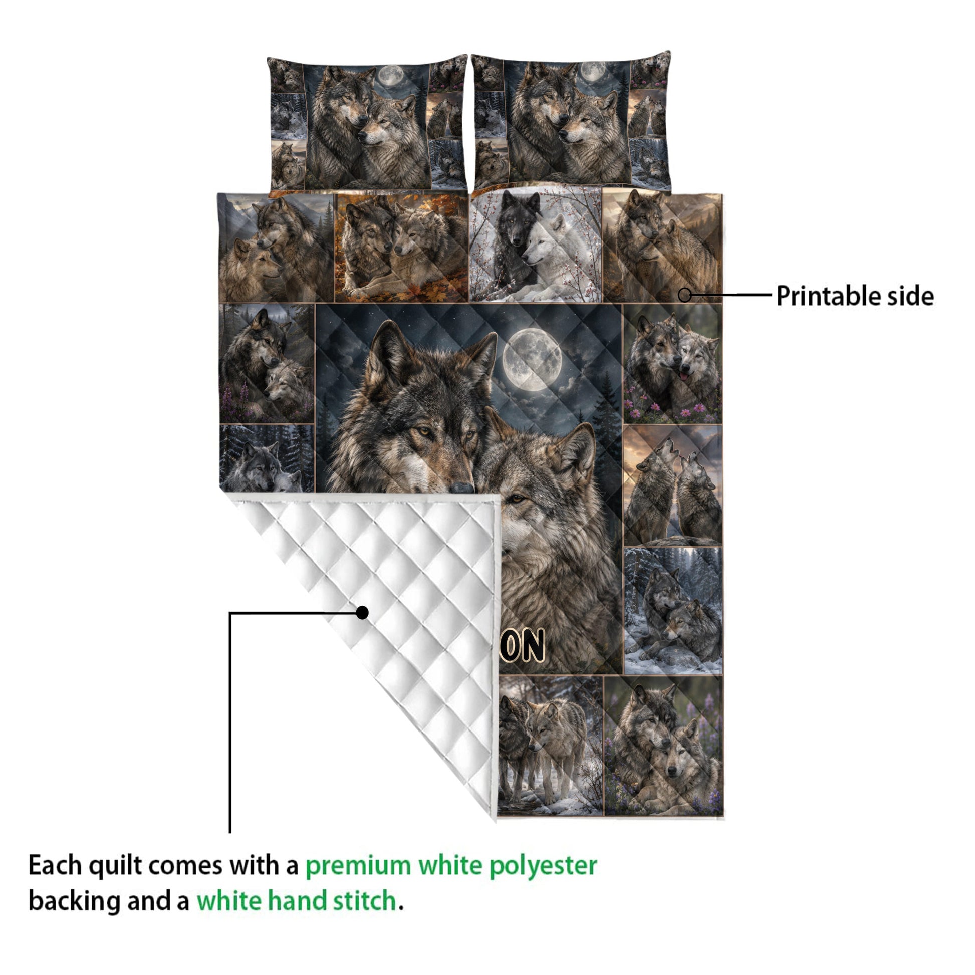 Wolf quilt detail showing the printed artwork side and white diamond-stitched backing