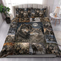 Wolf quilt bedding set styled in a bright bedroom with moonlit forest and wolf collage artwork