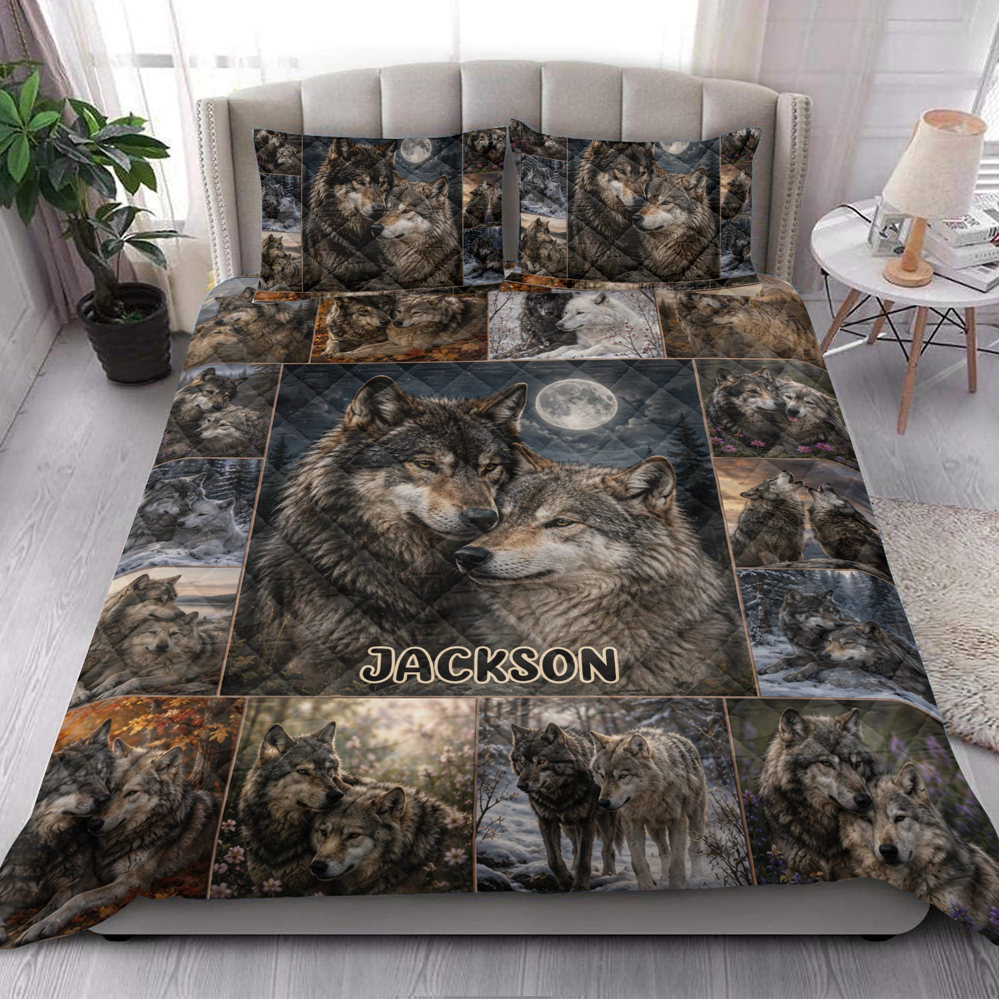 Wolf quilt bedding set styled in a bright bedroom with moonlit forest and wolf collage artwork