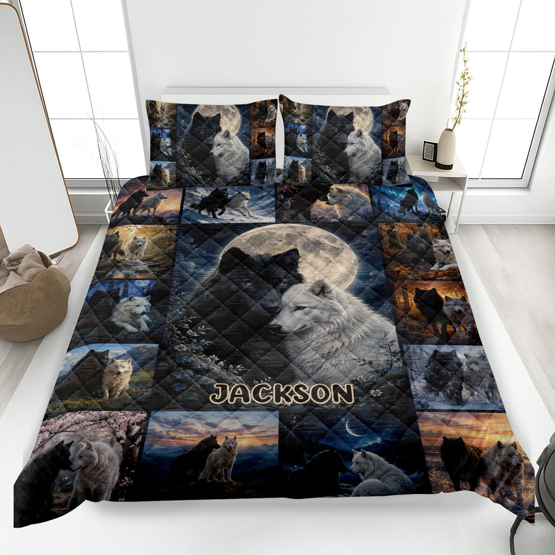 Wolf quilt bedding set displayed on a bed with black and white wolves, moonlit scenery, and forest artwork