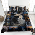 Wolf quilt bedding set displayed on a bed with black and white wolves, moonlit scenery, and forest artwork