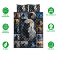 Wolf quilt bedding set shown with coordinating wolf pillowcases and product feature icons