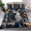 Wolf quilt bedding set styled in a bright bedroom with moonlit forest and black and white wolf artwork