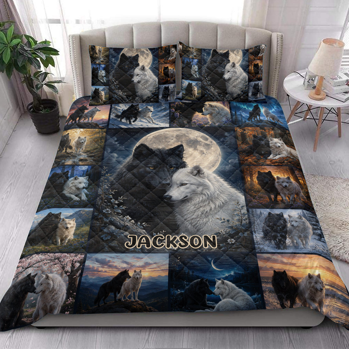 Wolf quilt bedding set styled in a bright bedroom with moonlit forest and black and white wolf artwork