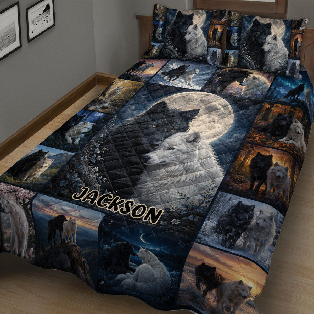 Close view of wolf quilt bedding with black and white wolves, mountain scenes, forests, and moonlit artwork