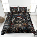 Wolf quilt blanket bedding set displayed on a bed with snowy Christmas forest artwork