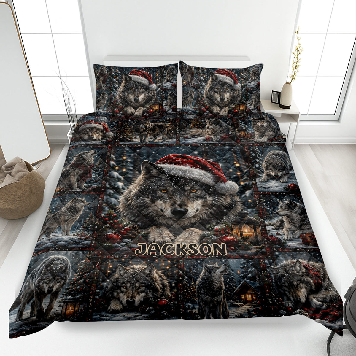 Wolf quilt blanket bedding set displayed on a bed with snowy Christmas forest artwork
