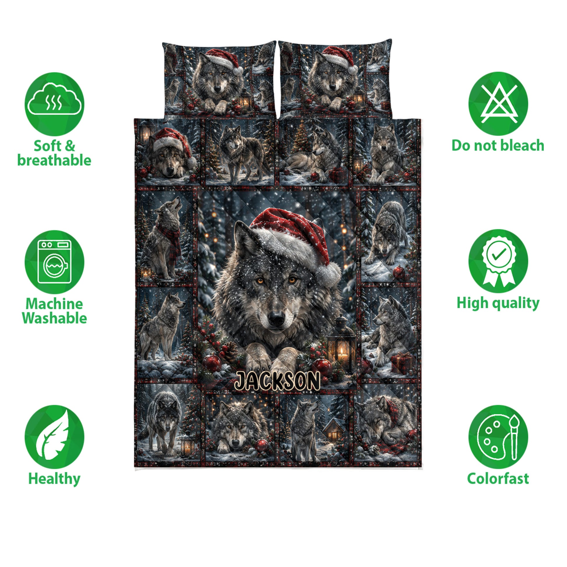 Christmas wolf quilt bedding set shown with repeated wolf scenes and festive winter artwork