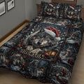 Close bedroom view of a wolf quilt blanket featuring festive winter scenes and red accents