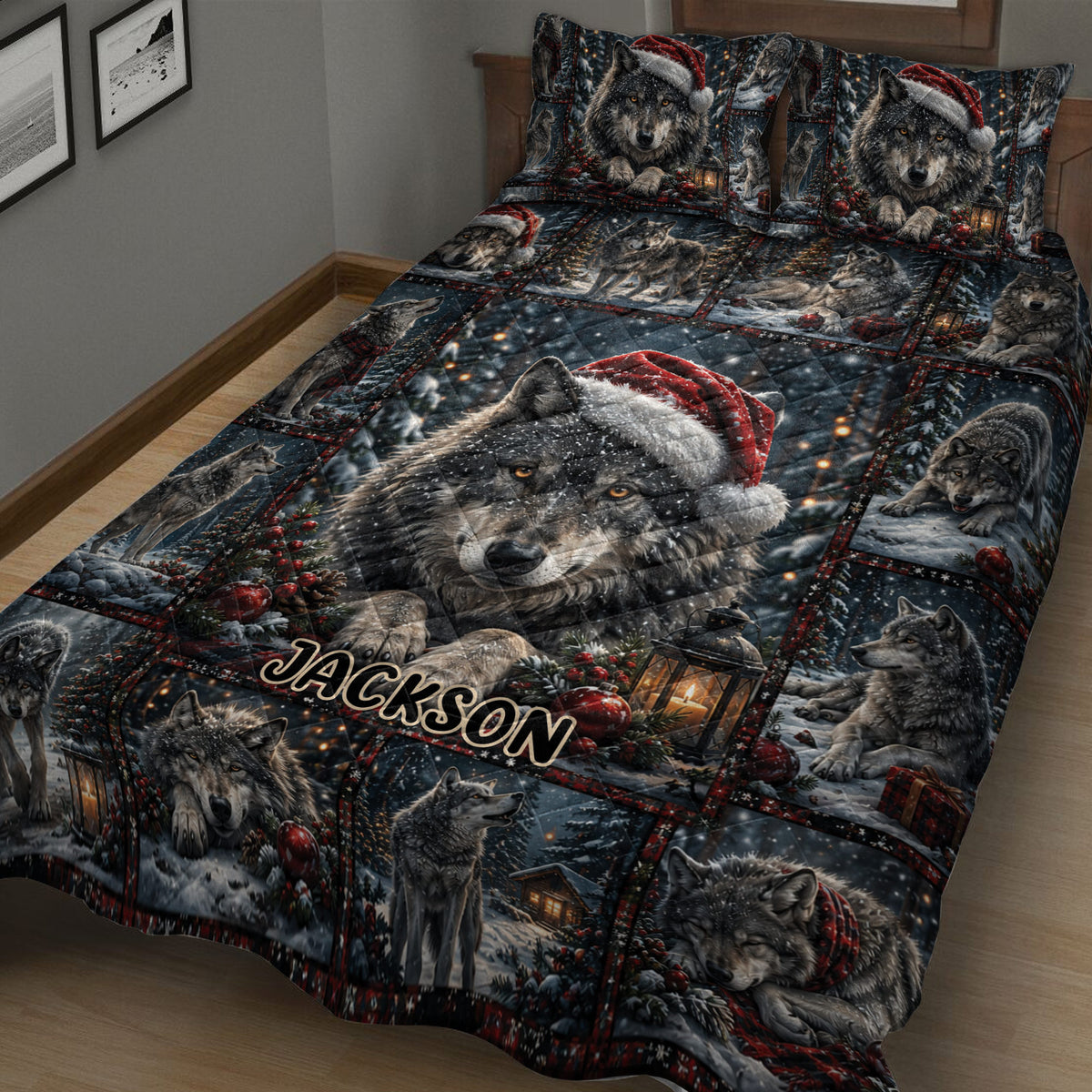 Close bedroom view of a wolf quilt blanket featuring festive winter scenes and red accents
