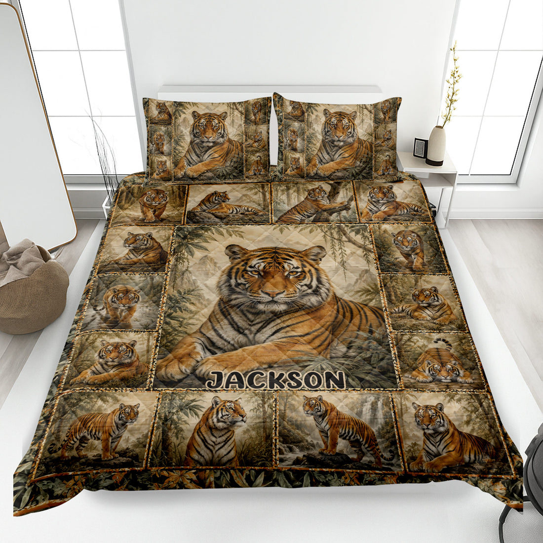 Tiger quilt bedding set displayed on a bed with a large tiger portrait and repeating jungle wildlife scenes