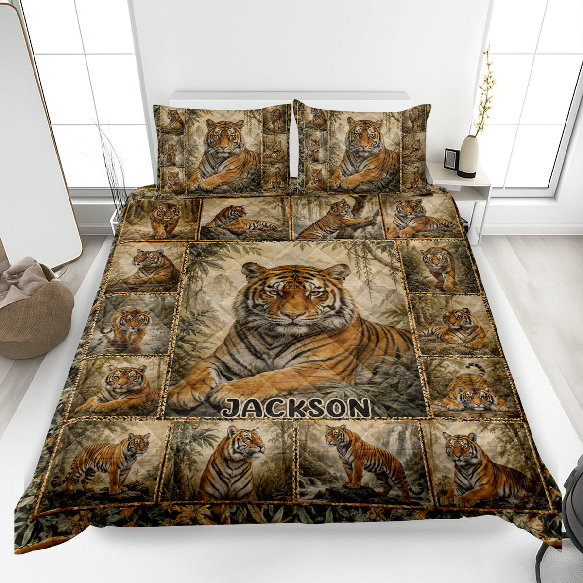 Tiger quilt bedding set displayed on a bed with a large tiger portrait and repeating jungle wildlife scenes