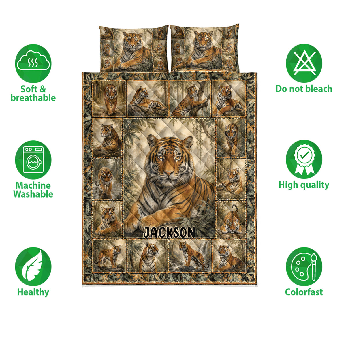 Tiger quilt bedding set shown with matching printed pillows and visual feature icons around the design