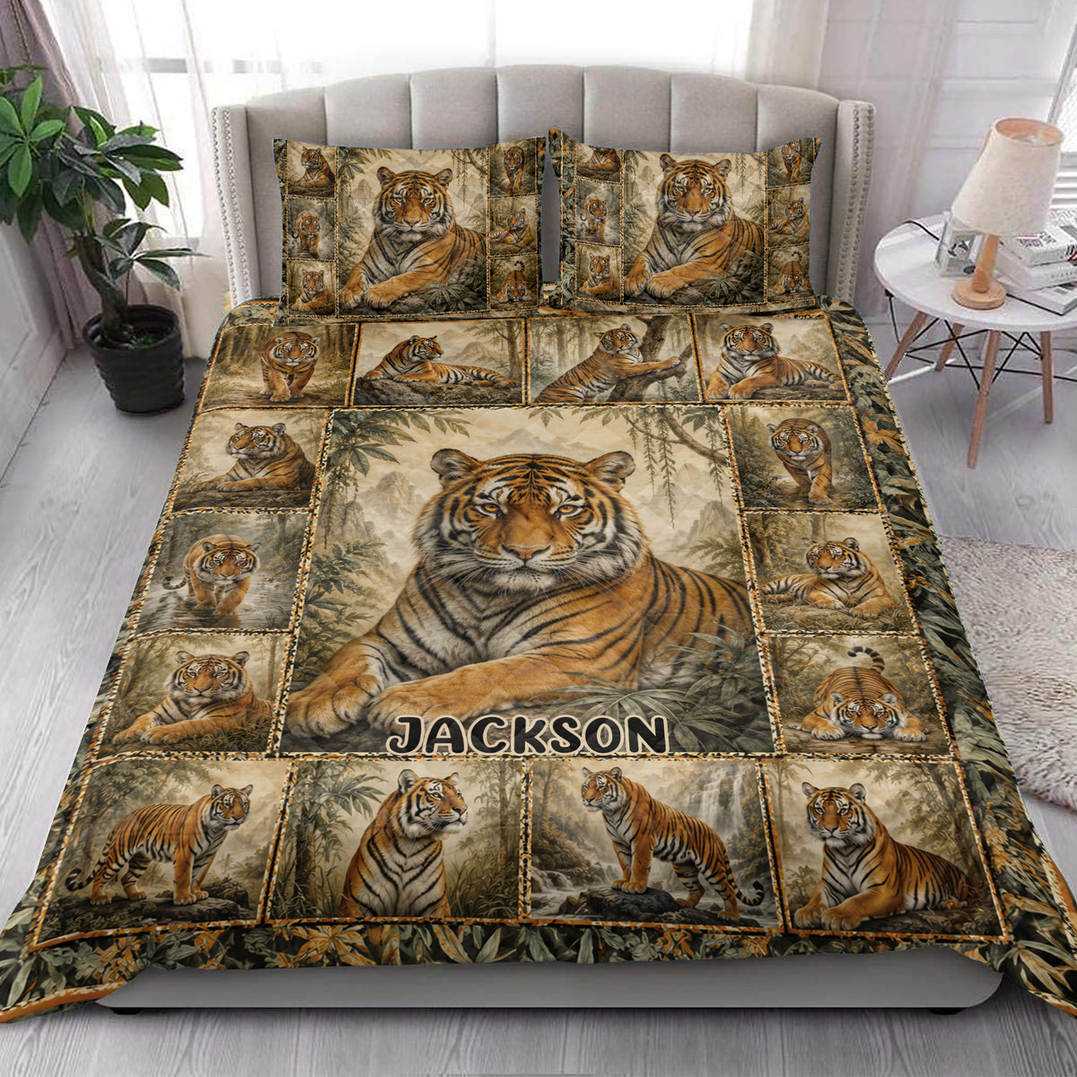Tiger quilt bedding set styled in a bright bedroom with a large central tiger and jungle artwork