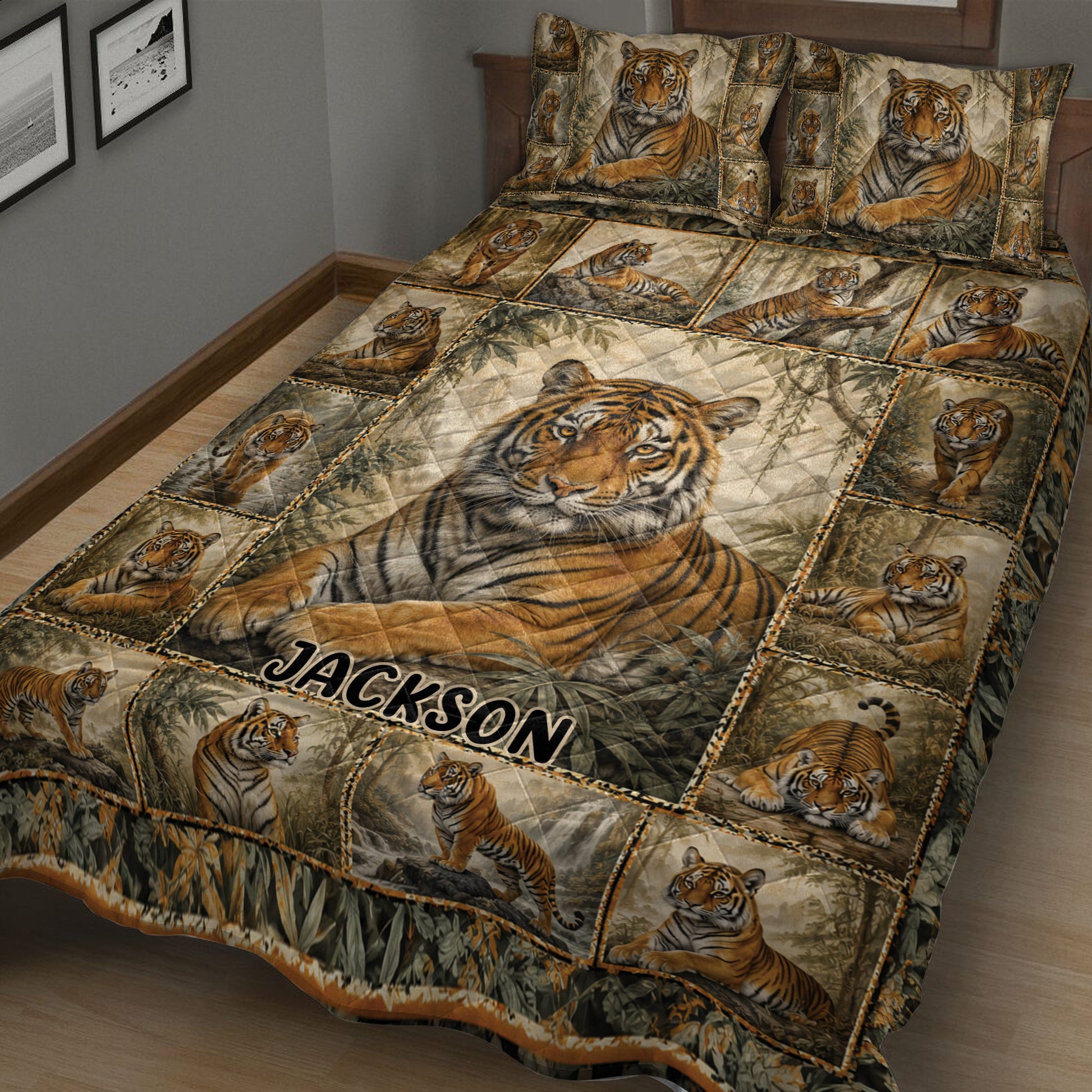 Tiger quilt blanket shown in a cozy bedroom with a bold central tiger portrait and repeating wildlife panels