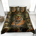 Tiger quilt bedding set displayed on a bed with forest artwork and multiple realistic tigers