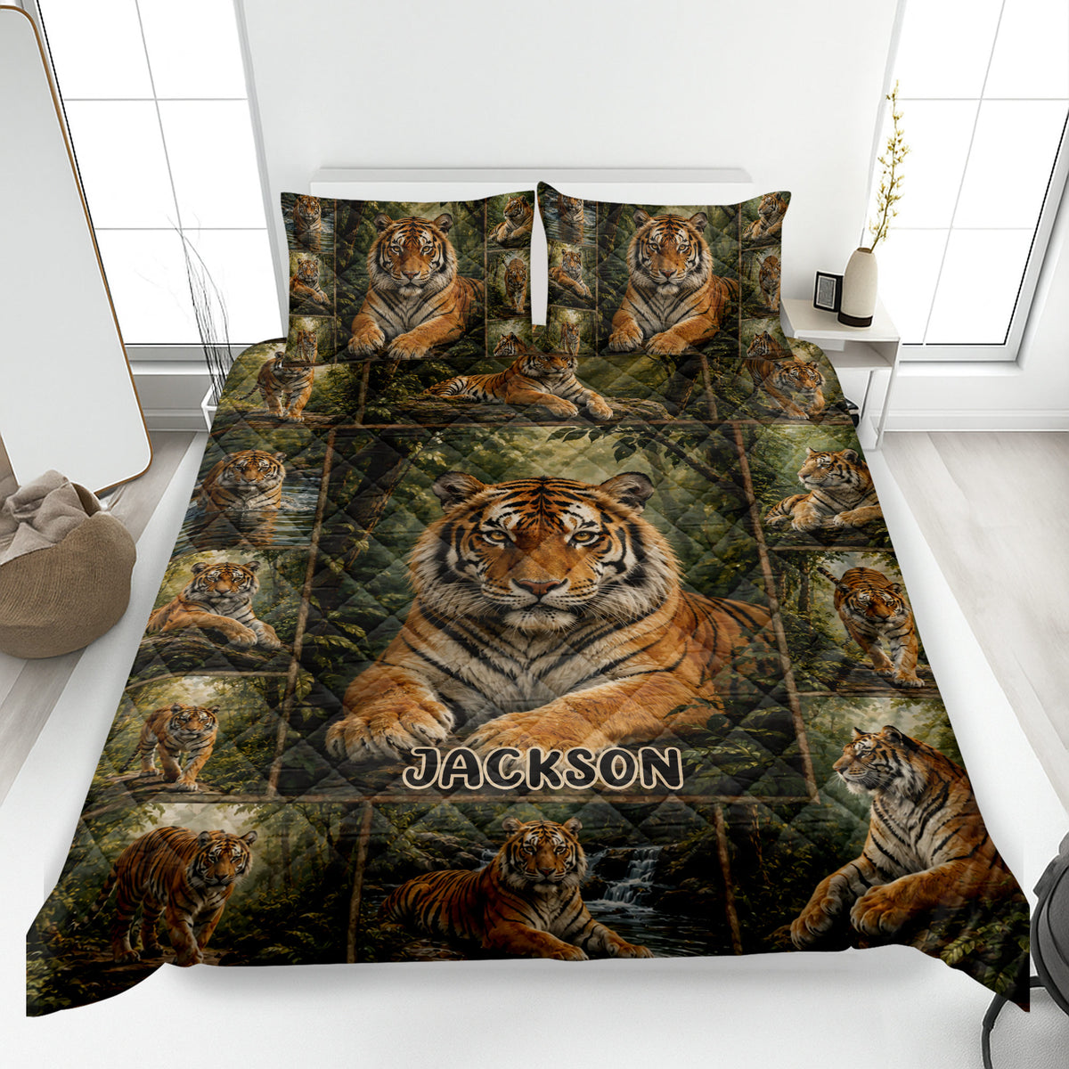 Tiger quilt bedding set displayed on a bed with forest artwork and multiple realistic tigers
