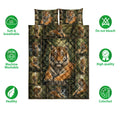 Tiger quilt blanket and pillowcase options shown with forest wildlife artwork and feature icons