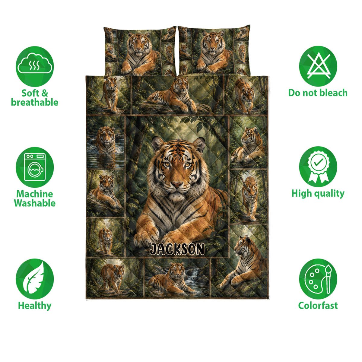 Tiger quilt blanket and pillowcase options shown with forest wildlife artwork and feature icons
