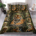 Tiger quilt bedding set styled in a bright bedroom with bold jungle wildlife artwork