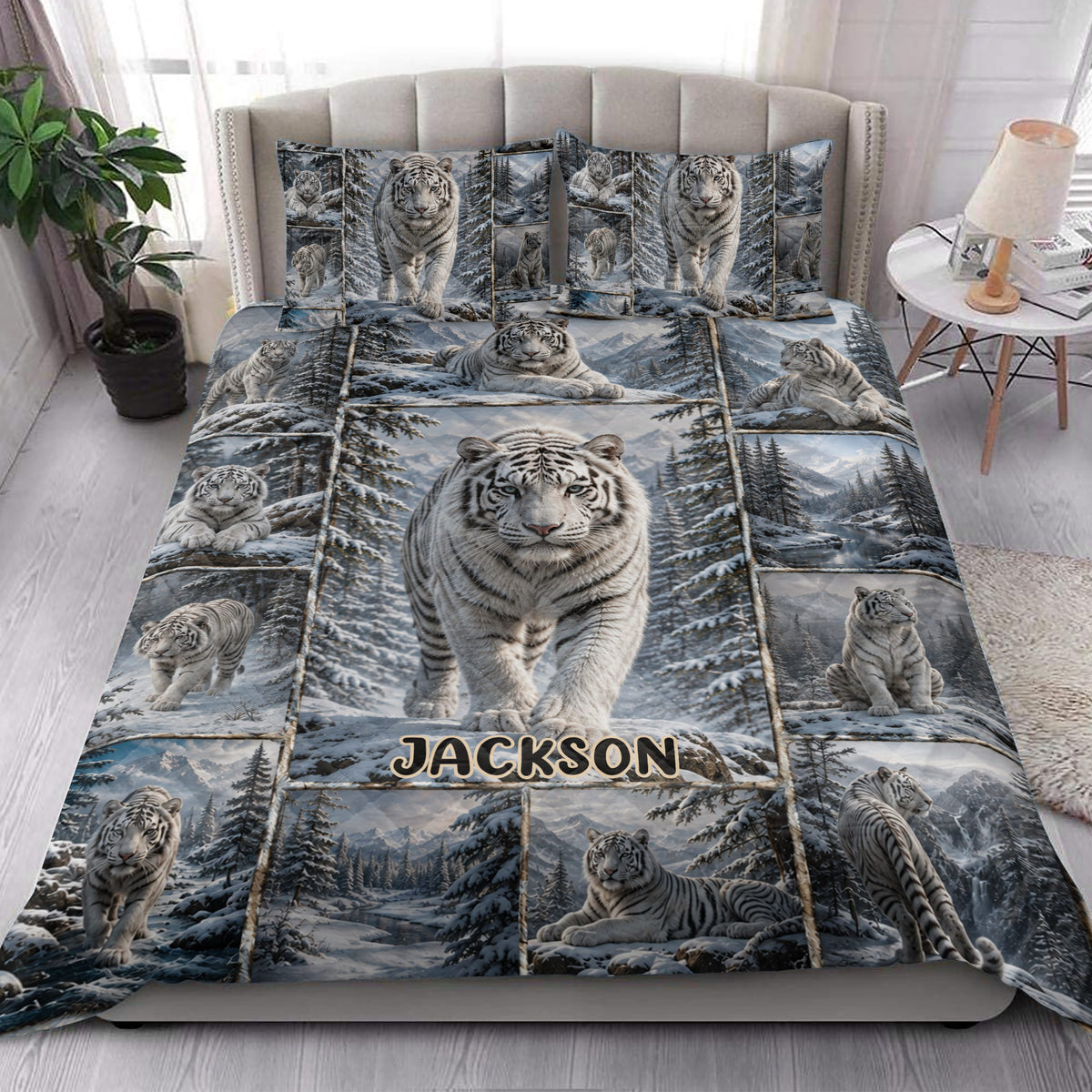 Tiger quilt bedding set styled in a bright bedroom with snowy forest artwork