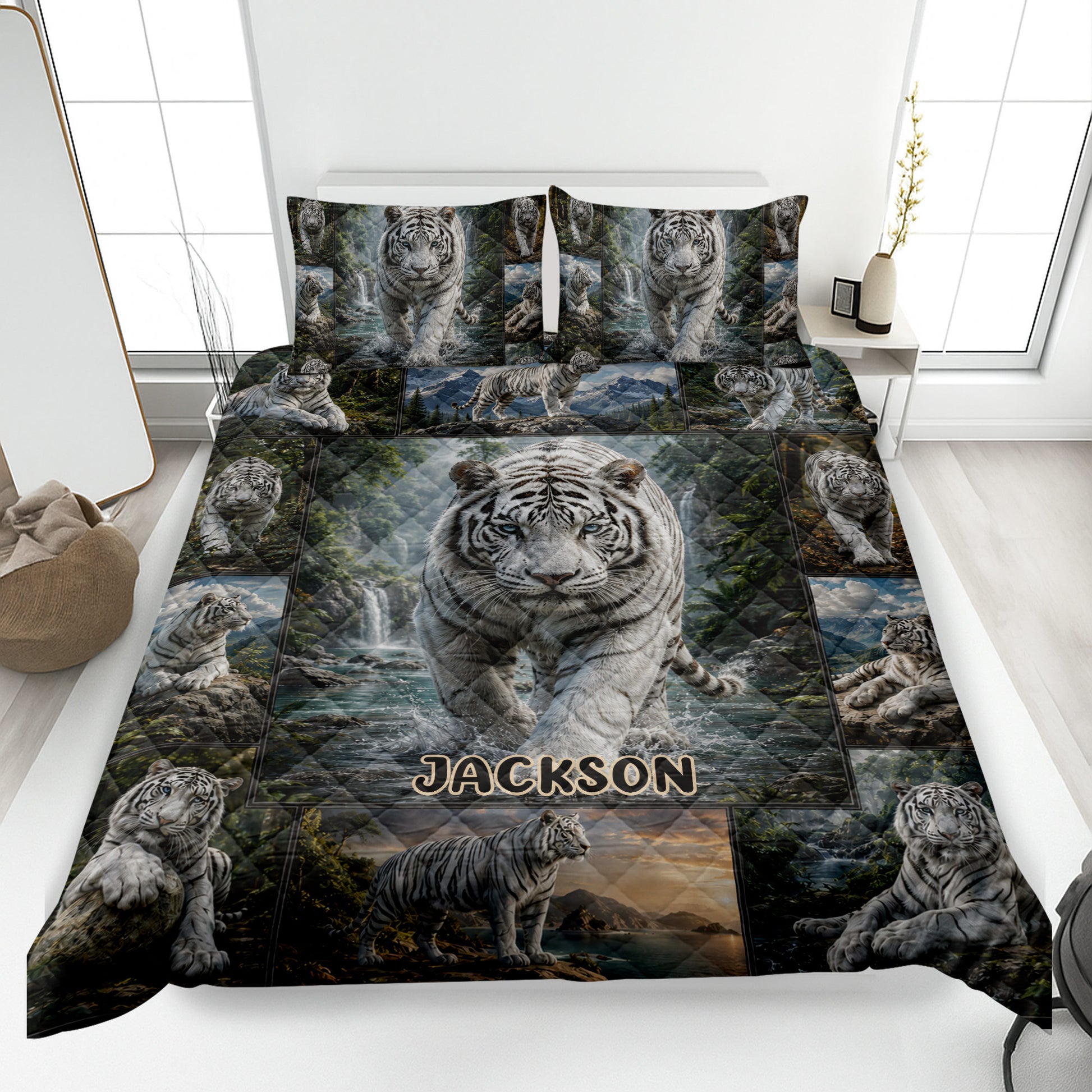 Tiger quilt bedding set displayed on a bed with white tigers, waterfalls, mountains, and forest scenery