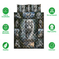 White tiger quilt bedding set shown with feature icons and a scenic wildlife collage design